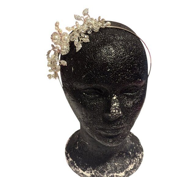 Pearl Rhinestone Headband Tiara Side View Silver Tone Bridal Event Ball Boho - Picture 3 of 6